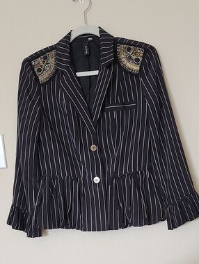 100 Percent Silk Striped Black Peplum Blazer with Embellished Shoulders